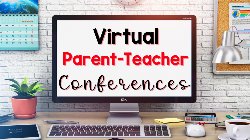 An Apple computer with a Powerpoint Presentation labeled Virtual Parent Teacher Conferences